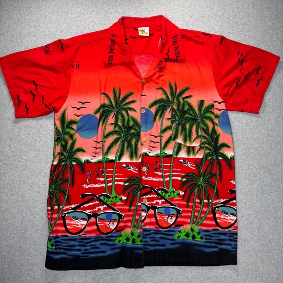 Island Expressions Other - Island Expressions Hawaiian Camp Shirt Mens L Red You Betta Belize It Tropical